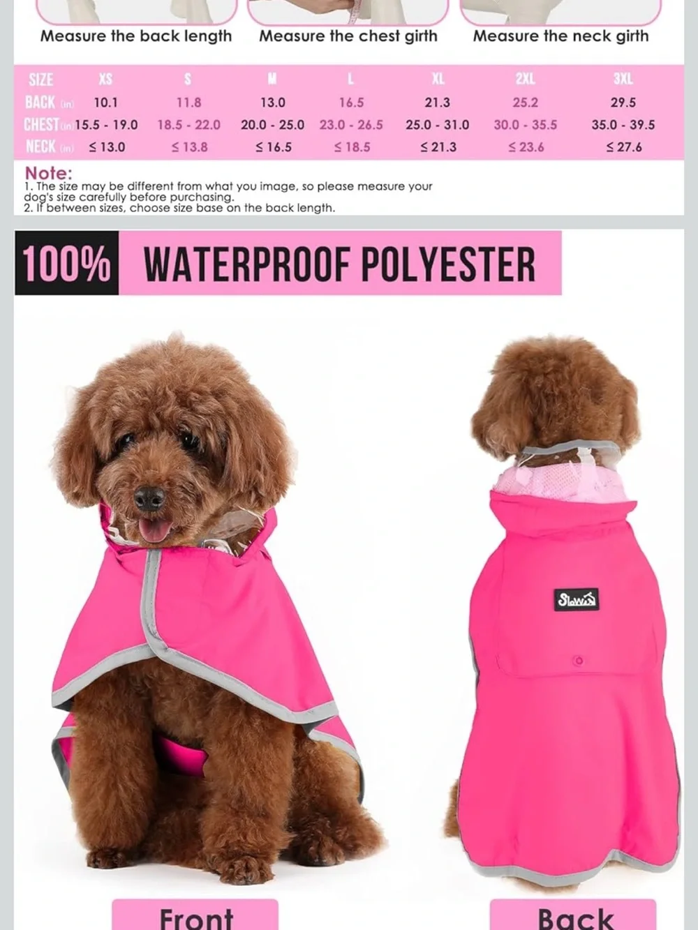 Waterproof Pink Dog Raincoat with Hood - Brand built in storage pocket